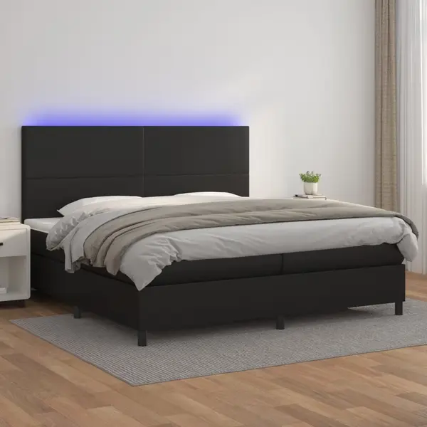 Gossi pat cu arcuri, saltea si led, negru, 200x200cm, piele ecologica