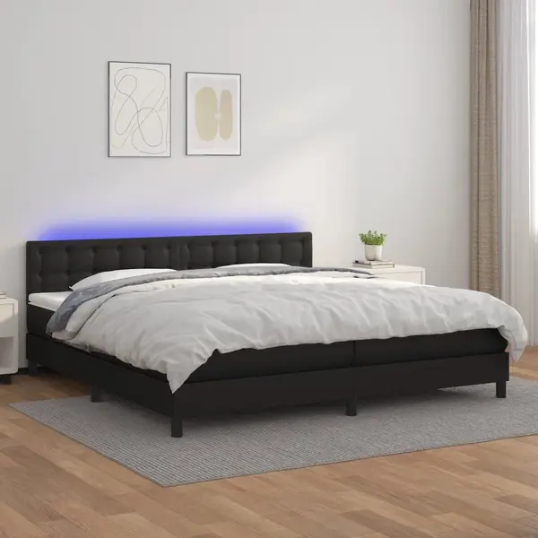 Gossi pat cu arcuri, saltea si led, negru, 200x200cm, piele ecologica