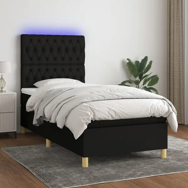 Gossi pat cu arcuri, saltea si led, negru, 80x200 cm, textil
