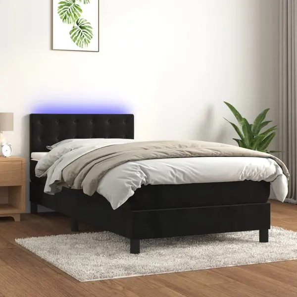Gossi pat cu arcuri, saltea si led, negru, 90x190 cm, catifea