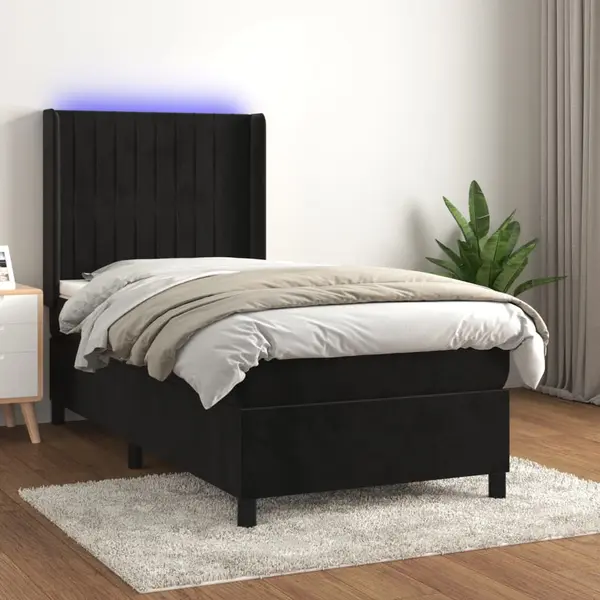 Gossi pat cu arcuri, saltea si led, negru, 90x190 cm, catifea