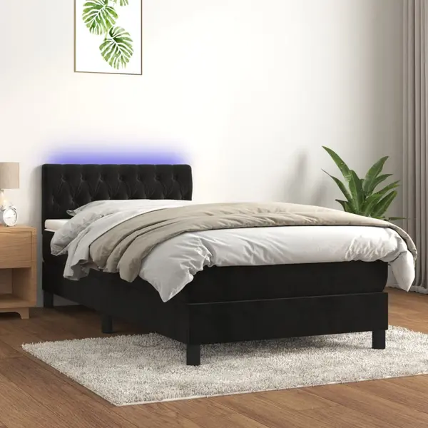 Gossi pat cu arcuri, saltea si led, negru, 90x190 cm, catifea