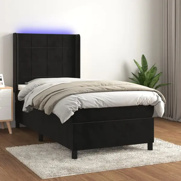 Gossi pat cu arcuri, saltea si led, negru, 90x190 cm, catifea