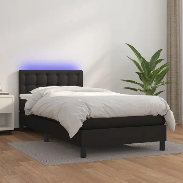 Gossi pat cu arcuri, saltea si led, negru, 90x190 cm, piele ecologica