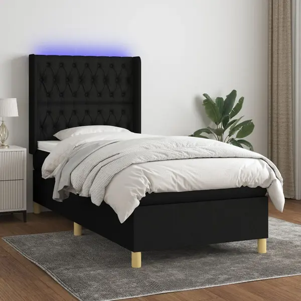 Gossi pat cu arcuri, saltea si led, negru, 90x190 cm, textil