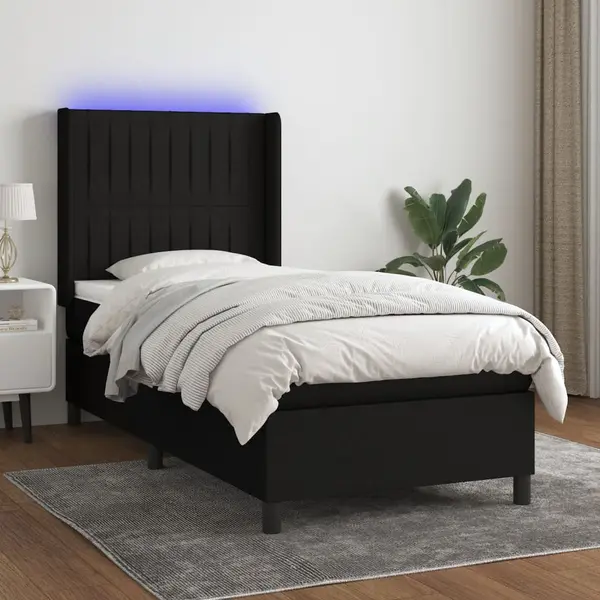 Gossi pat cu arcuri, saltea si led, negru, 90x190 cm, textil