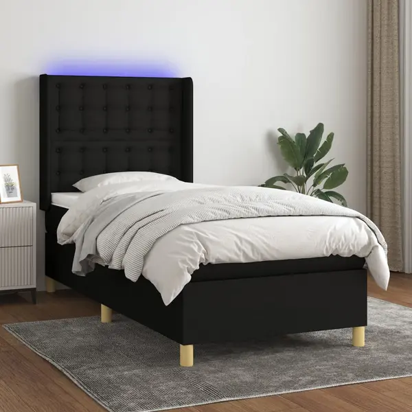 Gossi pat cu arcuri, saltea si led, negru, 90x190 cm, textil