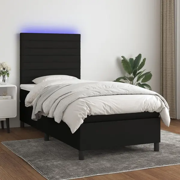 Gossi pat cu arcuri, saltea si led, negru, 90x190 cm, textil