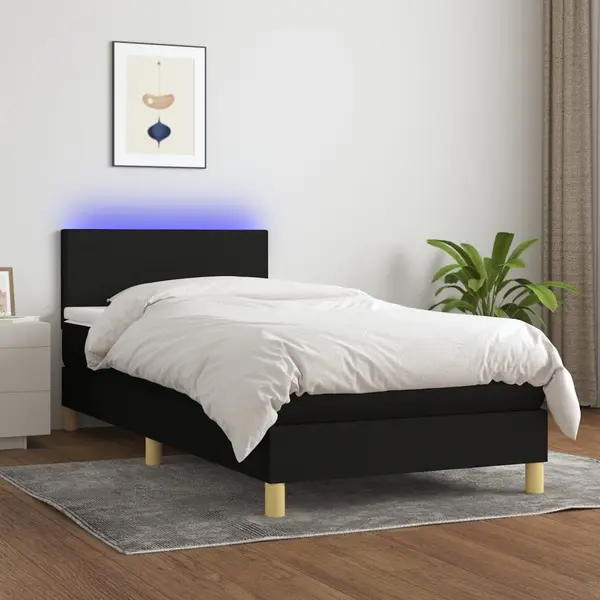 Gossi pat cu arcuri, saltea si led, negru, 90x190 cm, textil