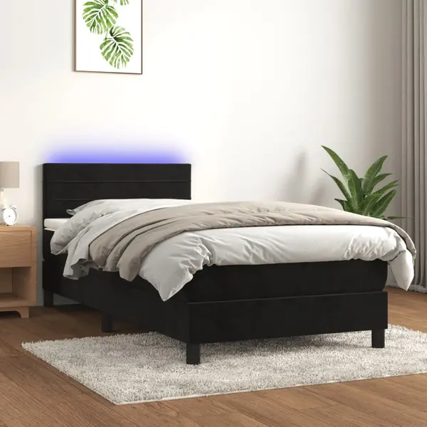 Gossi pat cu arcuri, saltea si led, negru, 90x200 cm, catifea