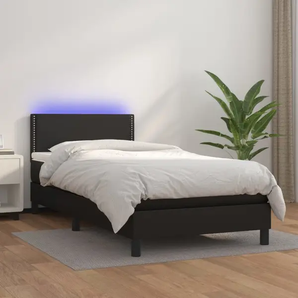 Gossi pat cu arcuri, saltea si led, negru, 90x200 cm, piele ecologica