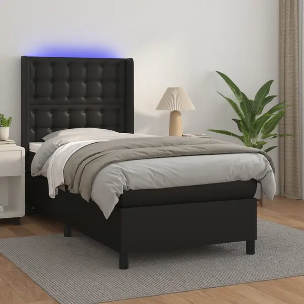 Gossi pat cu arcuri, saltea si led, negru, 90x200 cm, piele ecologica