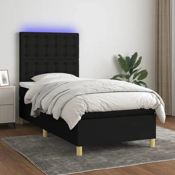 Gossi pat cu arcuri, saltea si led, negru, 90x200 cm, textil