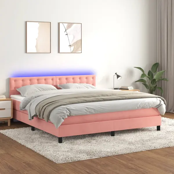 Gossi pat cu arcuri, saltea si led, roz, 160x200 cm, catifea