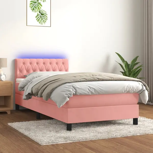 Gossi pat cu arcuri, saltea si led, roz, 90x190 cm, catifea