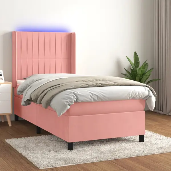 Gossi pat cu arcuri, saltea si led, roz, 90x190 cm, catifea