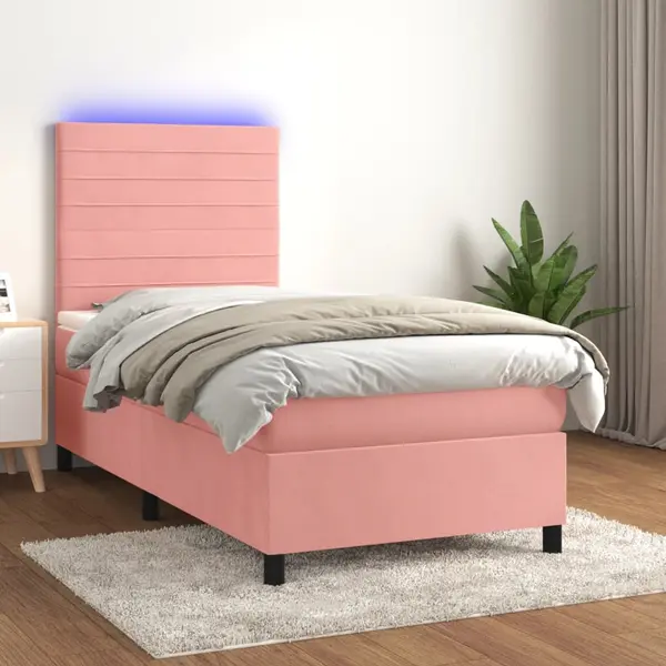 Gossi pat cu arcuri, saltea si led, roz, 90x190 cm, catifea