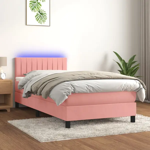 Gossi pat cu arcuri, saltea si led, roz, 90x190 cm, catifea