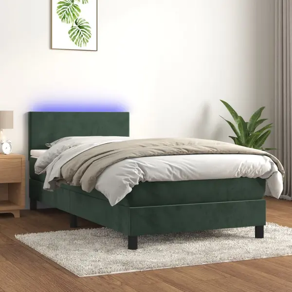 Gossi pat cu arcuri, saltea si led, verde, 90x200 cm, catifea
