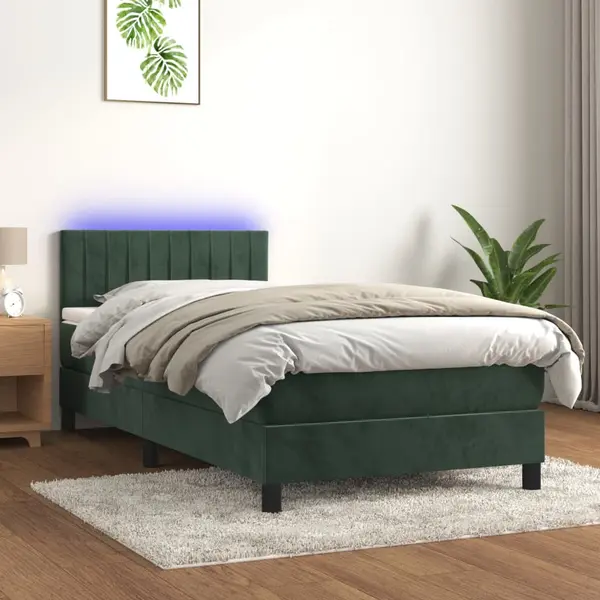 Gossi pat cu arcuri, saltea si led, verde, 90x200 cm, catifea