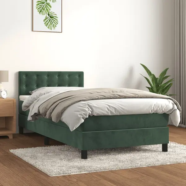 Gossi pat cu arcuri, saltea si led, verde inchis, 100x200 cm, catifea
