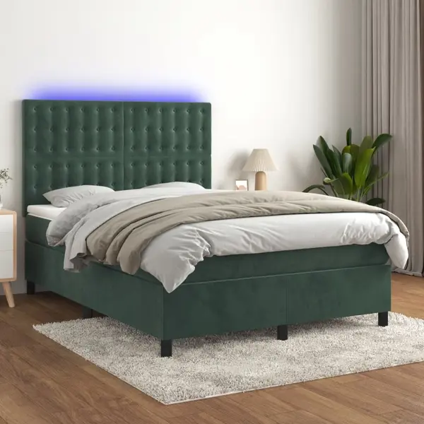 Gossi pat cu arcuri, saltea si led, verde inchis, 140x190 cm, catifea