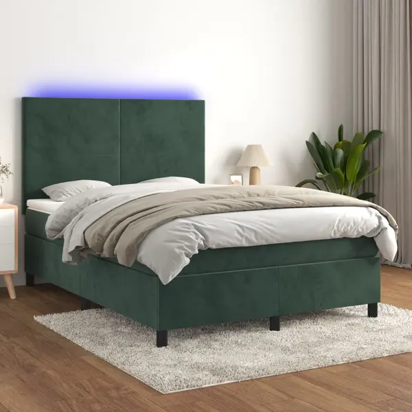 Gossi pat cu arcuri, saltea si led, verde inchis, 140x200 cm, catifea