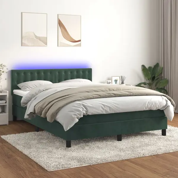 Gossi pat cu arcuri, saltea si led, verde inchis, 140x200 cm, catifea