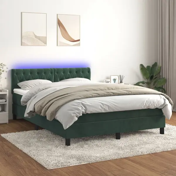 Gossi pat cu arcuri, saltea si led, verde inchis, 140x200 cm, catifea