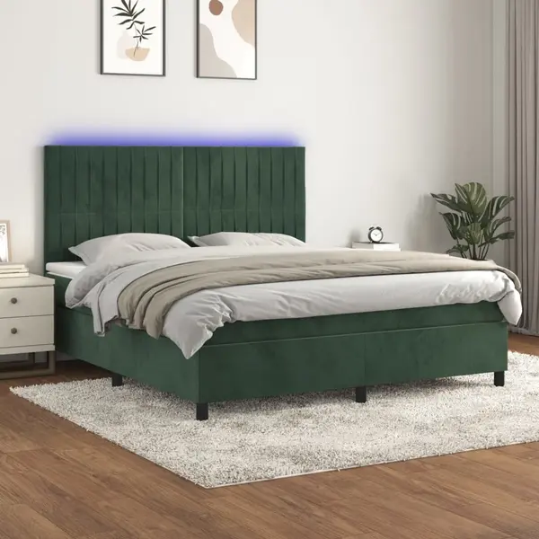 Gossi pat cu arcuri, saltea si led, verde inchis, 160x200 cm, catifea