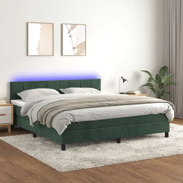 Gossi pat cu arcuri, saltea si led, verde inchis, 160x200 cm, catifea