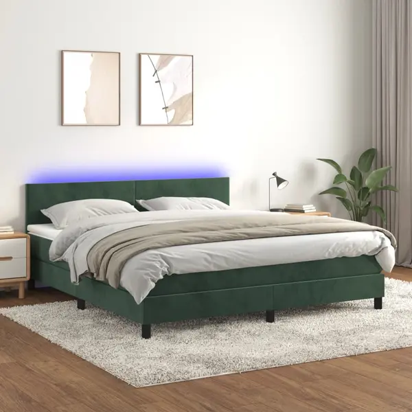 Gossi pat cu arcuri, saltea si led, verde inchis, 160x200 cm, catifea