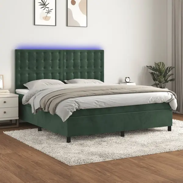 Gossi pat cu arcuri, saltea si led, verde inchis, 160x200 cm, catifea
