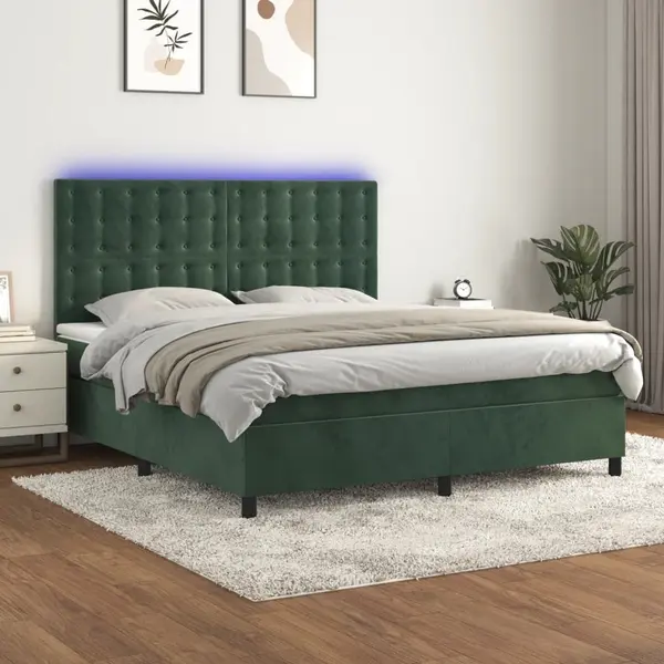 Gossi pat cu arcuri, saltea si led, verde inchis, 180x200 cm, catifea
