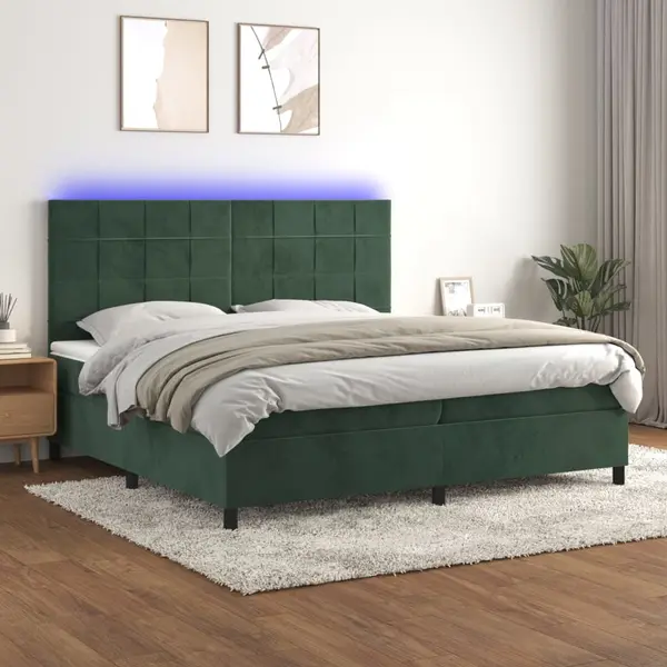 Gossi pat cu arcuri, saltea si led, verde inchis, 200x200 cm, catifea