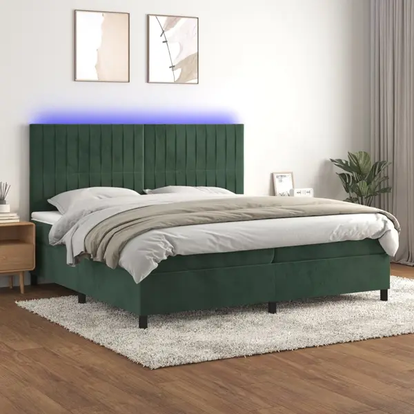 Gossi pat cu arcuri, saltea si led, verde inchis, 200x200 cm, catifea
