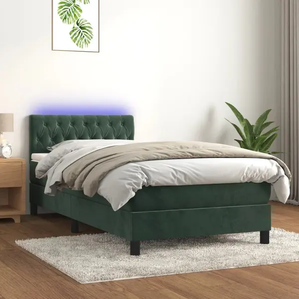 Gossi pat cu arcuri, saltea si led, verde inchis, 90x190 cm, catifea