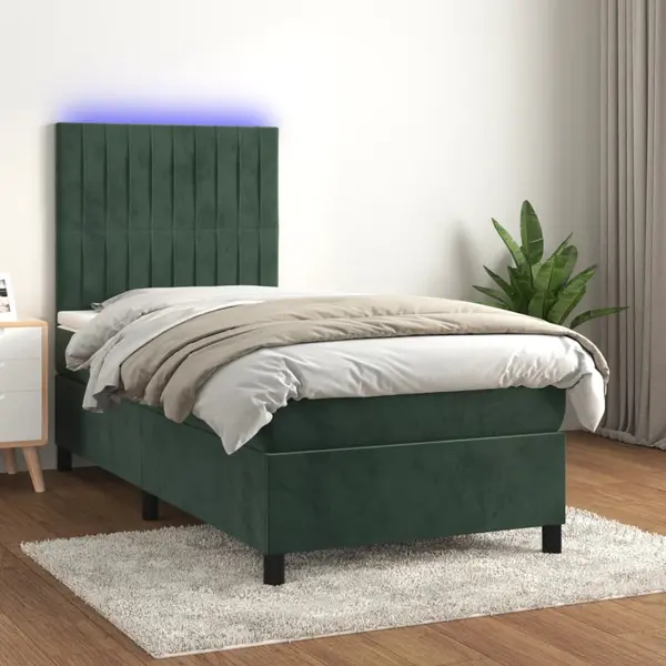 Gossi pat cu arcuri, saltea si led, verde inchis, 90x190 cm, catifea