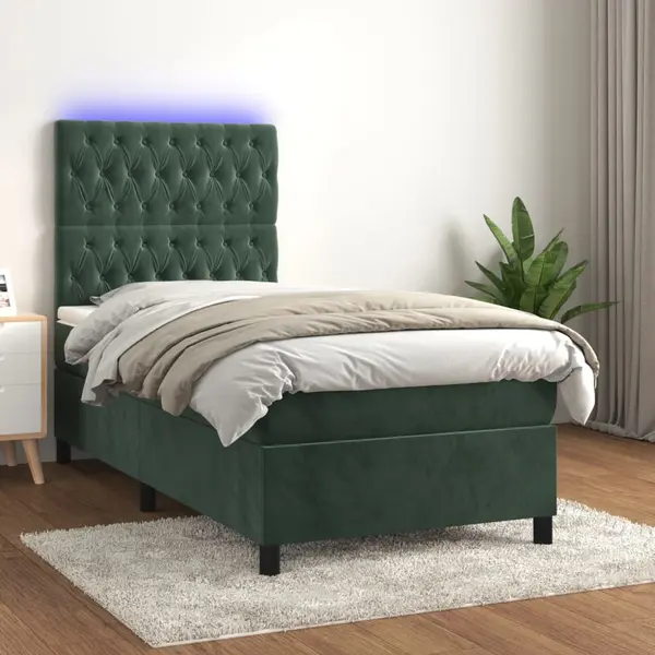 Gossi pat cu arcuri, saltea si led, verde inchis, 90x190 cm, catifea