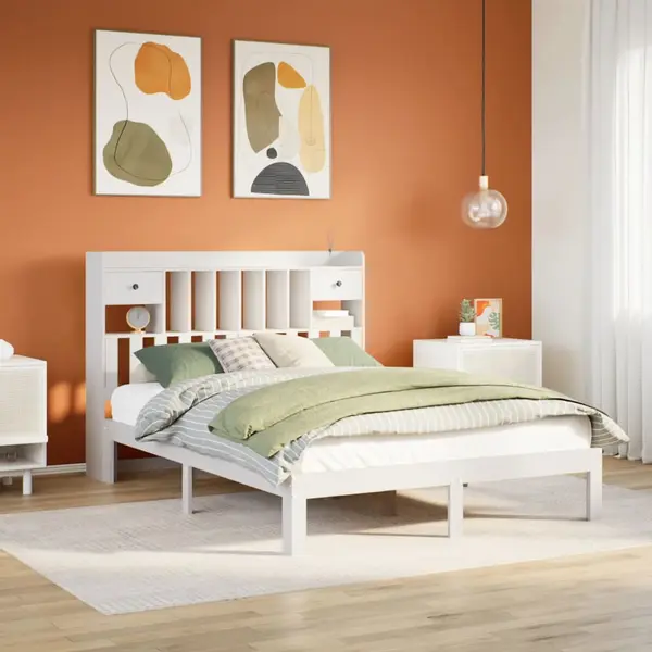 Gossi pat cu biblioteca fara saltea, alb, 140x190 cm, lemn masiv pin