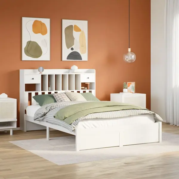 Gossi pat cu biblioteca fara saltea, alb, 140x190 cm, lemn masiv pin