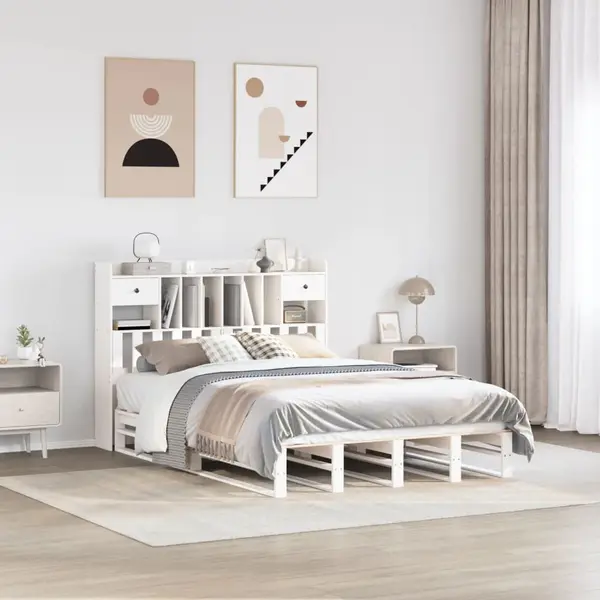 Gossi pat cu biblioteca fara saltea, alb, 140x190 cm, lemn masiv pin