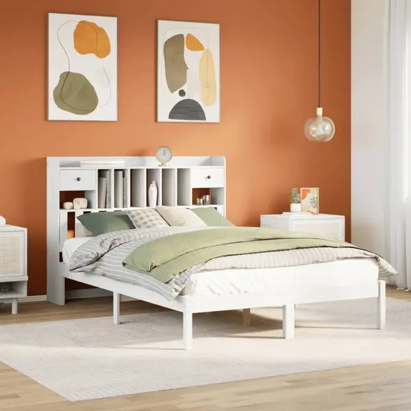 Gossi pat cu biblioteca fara saltea, alb, 140x200 cm, lemn masiv pin