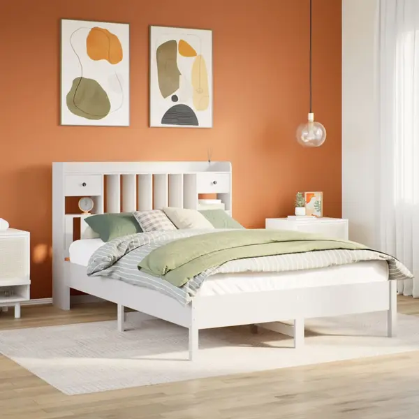 Gossi pat cu biblioteca fara saltea, alb, 150x200 cm, lemn masiv pin