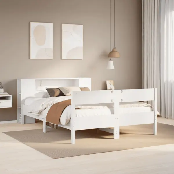Gossi pat cu biblioteca fara saltea, alb, 160x200 cm, lemn masiv pin