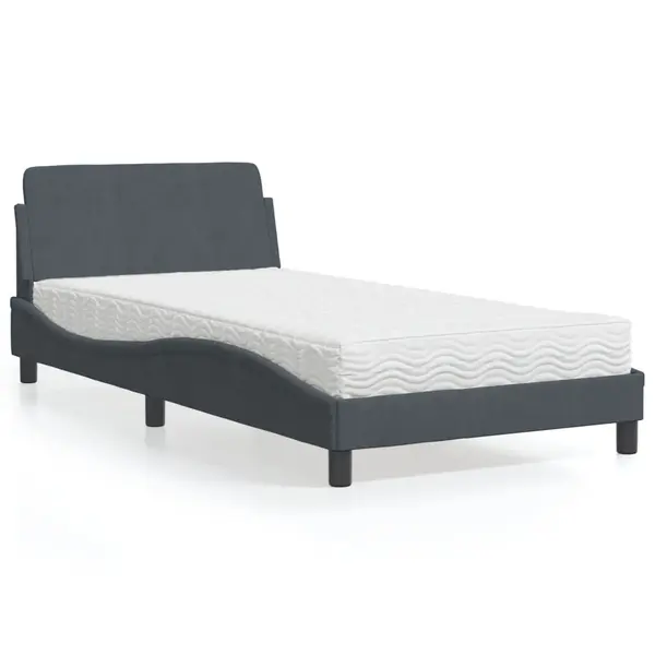 Gossi pat cu saltea, gri inchis, 100x200 cm, catifea
