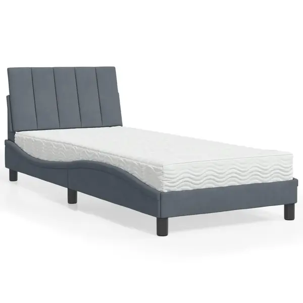Gossi pat cu saltea, gri inchis, 90x190 cm, catifea