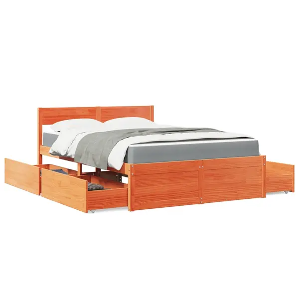 Gossi pat cu sertare saltea, maro ceruit, 140x190 cm, lemn masiv pin