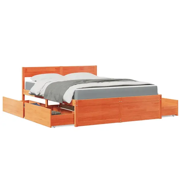 Gossi pat cu sertare saltea, maro ceruit, 140x200 cm, lemn masiv pin