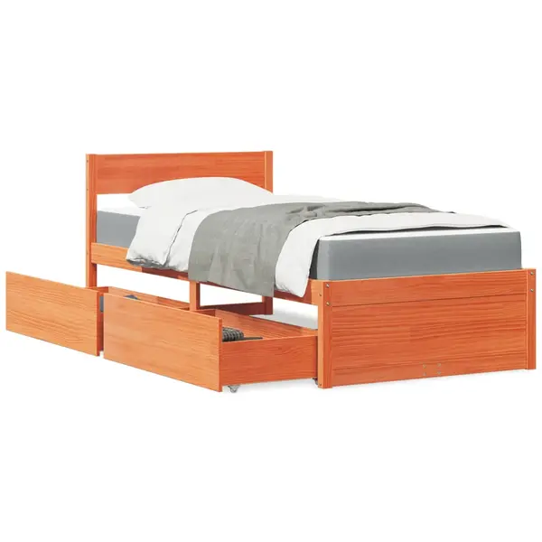Gossi pat cu sertare saltea, maro ceruit, 90x190 cm, lemn masiv pin